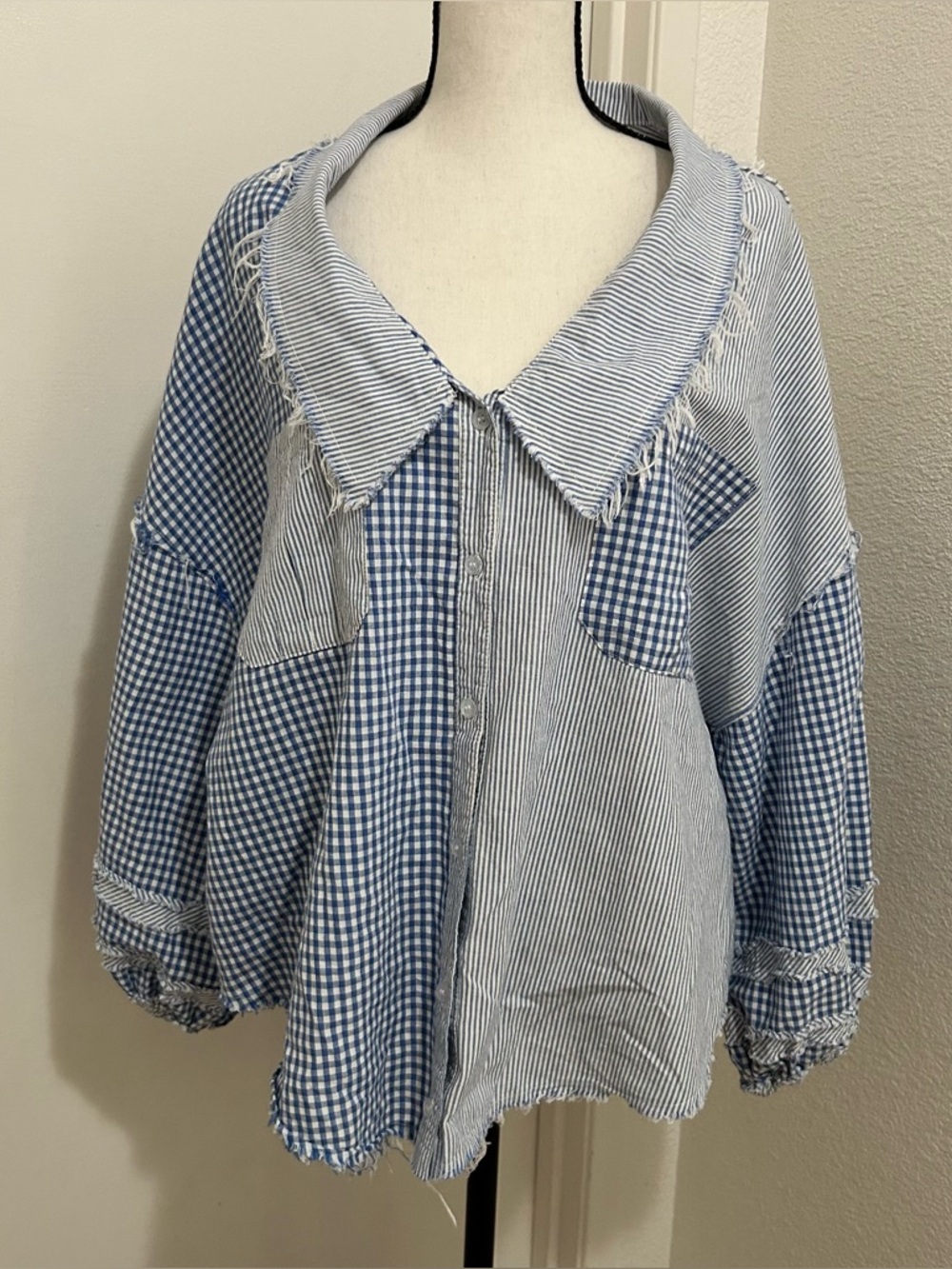 POL Gingham Stripe Patchwork Raw Hem Button Down Top S Blue White Mixed Pattern